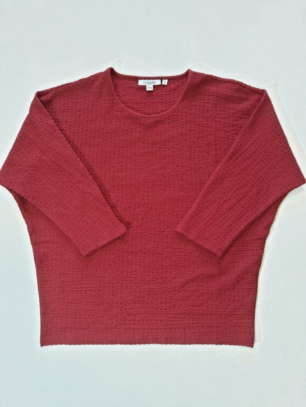 Chicos Top Womens XS Maroon Red Textured Batwing Sleeve Minimalist Relaxed Fit